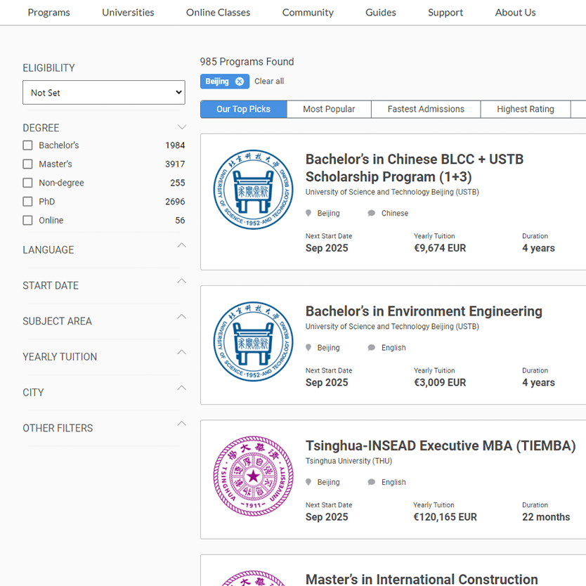 China Admissions - university listings