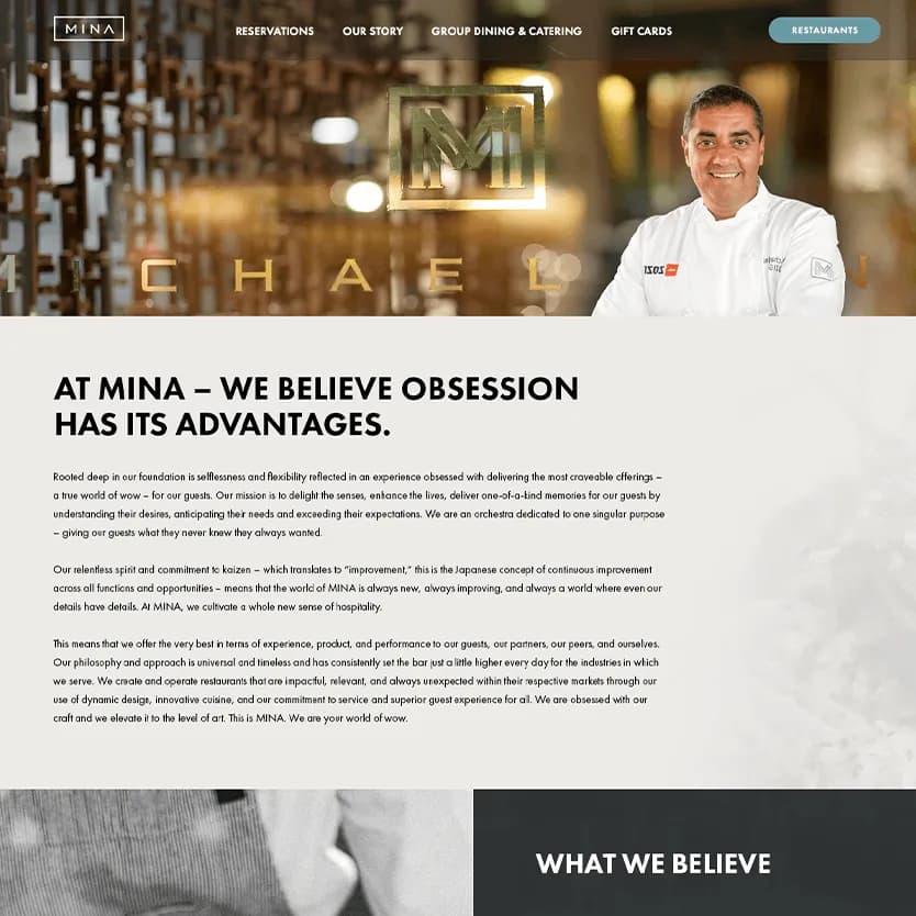 MINA Group website - menu and dining experience presentation